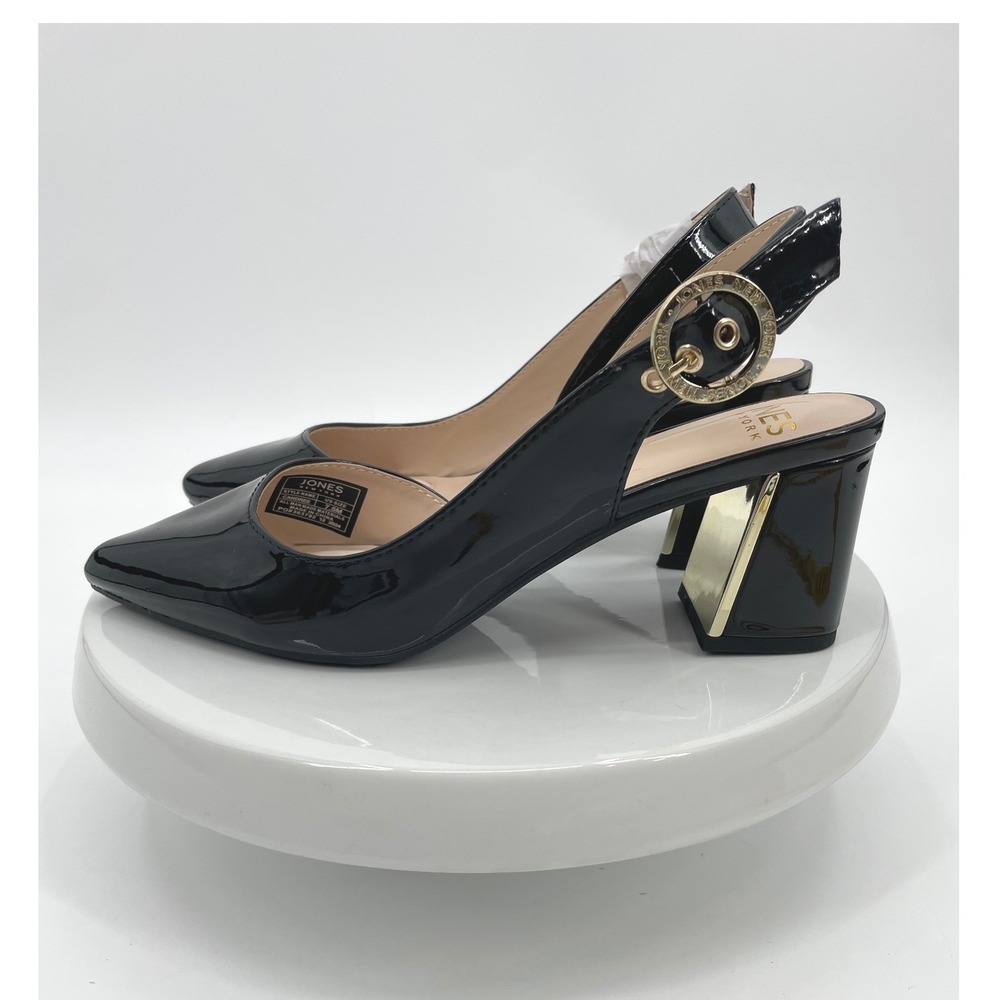 Jones New York Candree Pumps Women 7.5M Black Patent Slingback Block Heel Classy